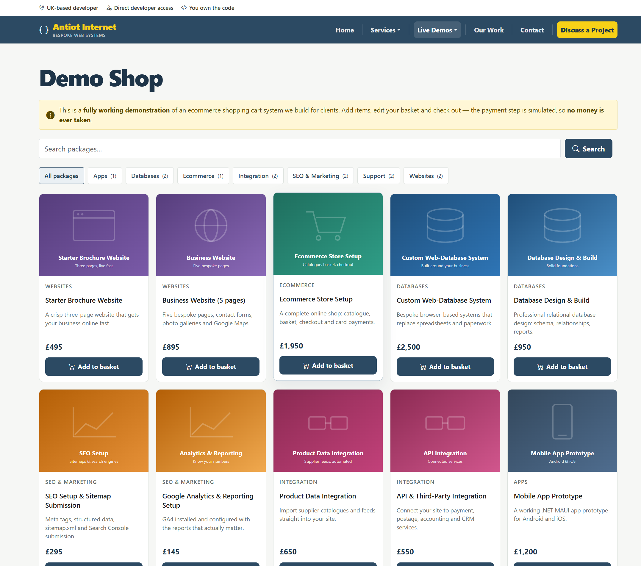 Screenshot of the working Antiot Internet demo shop